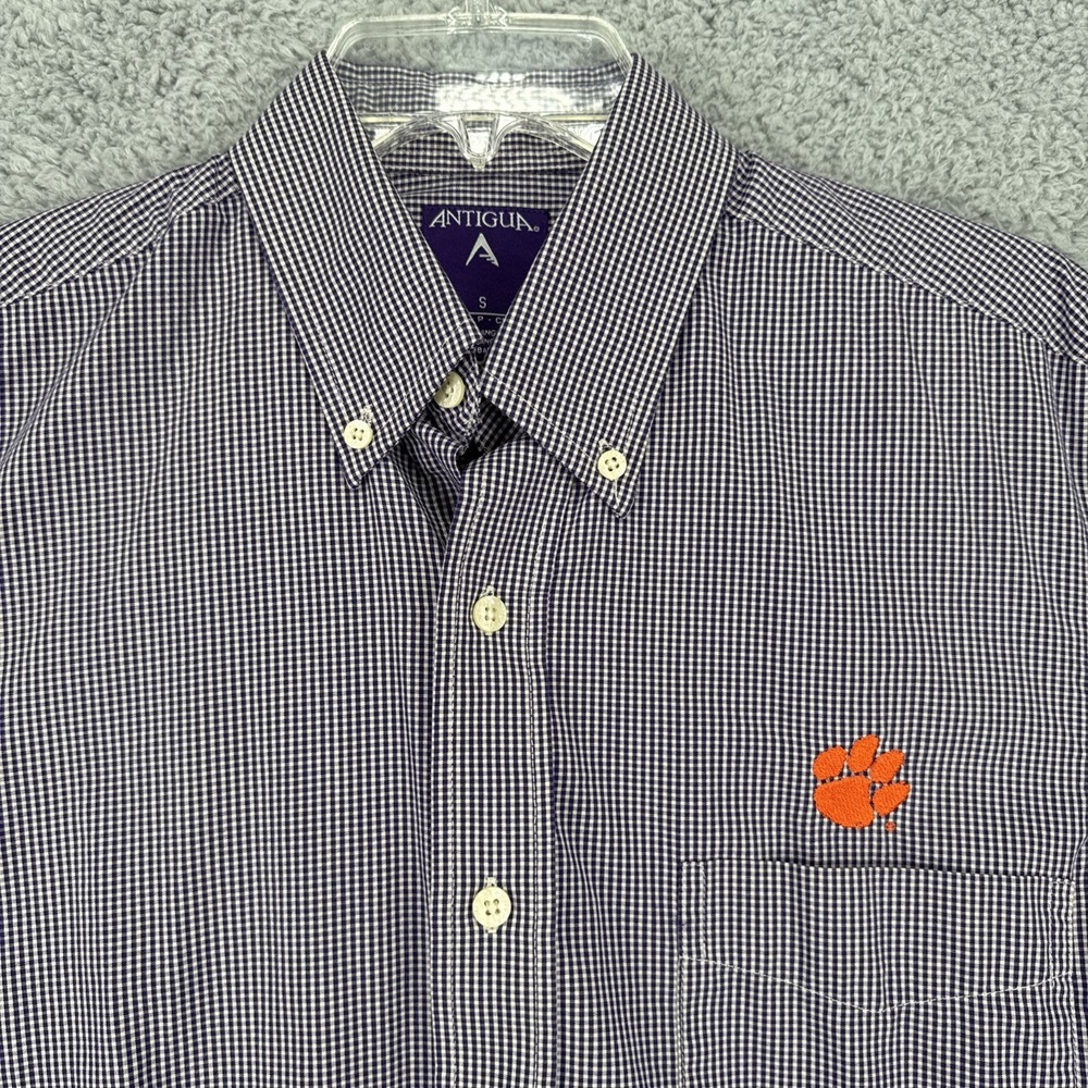 CLEMSON Button Down Shirt Mens Small L/S Purple White Check Embroidered Logo